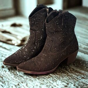 Black Rhinestone Western Ankle Boots Pointed Toe Cowgirl Booties